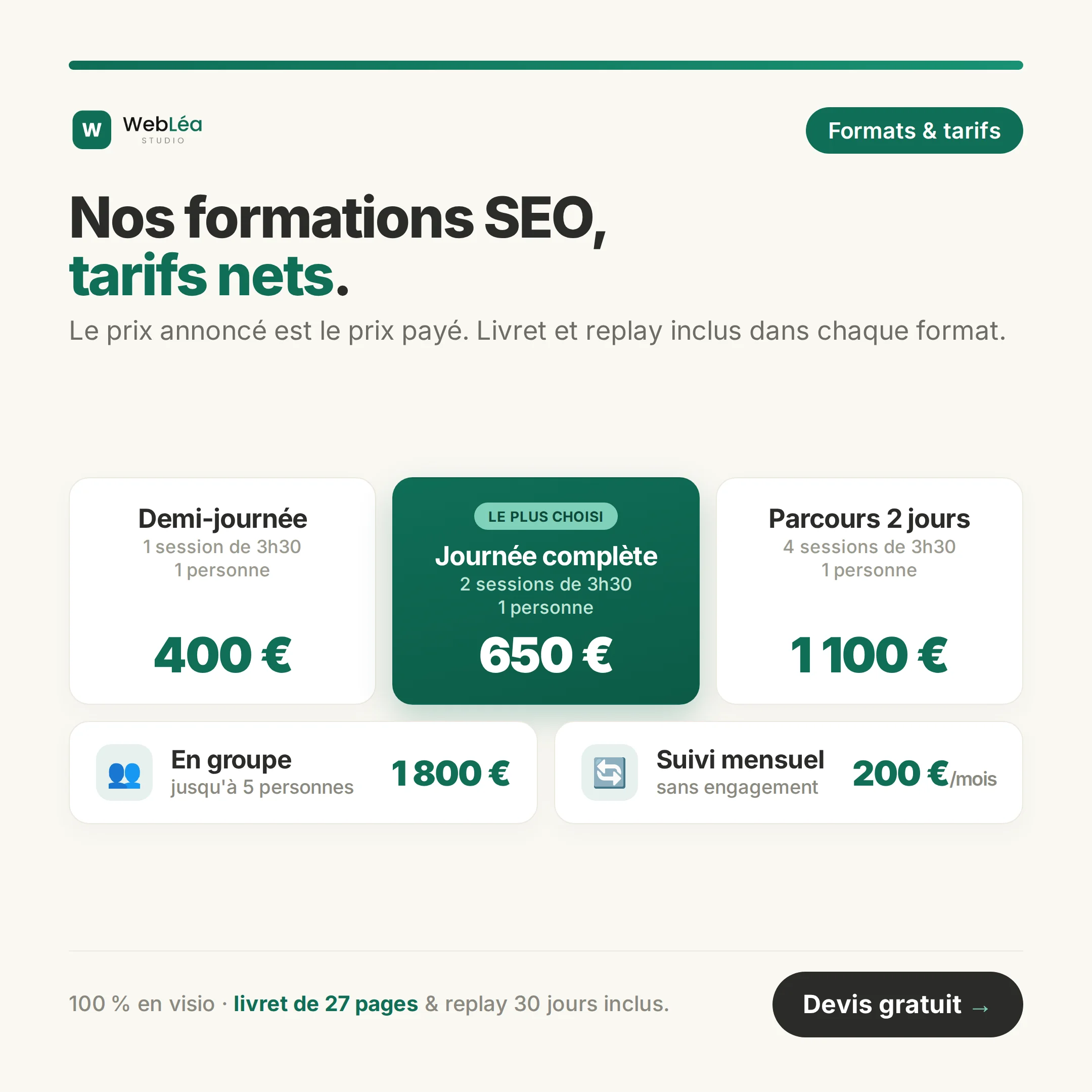 Tarifs formation SEO WebLéa Studio